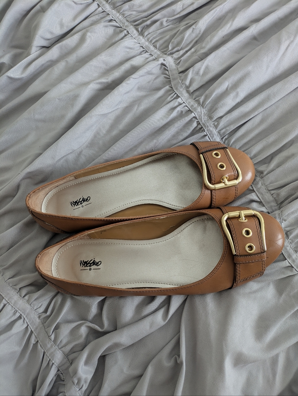 Missimo Tan Leather Ballet Flats with Gold Buckle